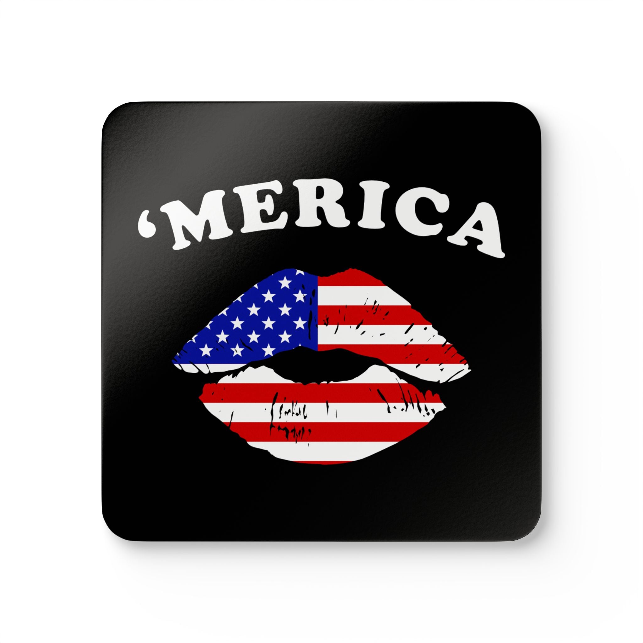 Black coaster with 'MERICA' text and American flag design on a white background