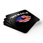 Set of black coasters with 'MERICA and American flag design on a white background