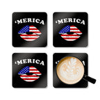 Four coasters with 'Merica' and American flag design, one featuring a cappuccino.