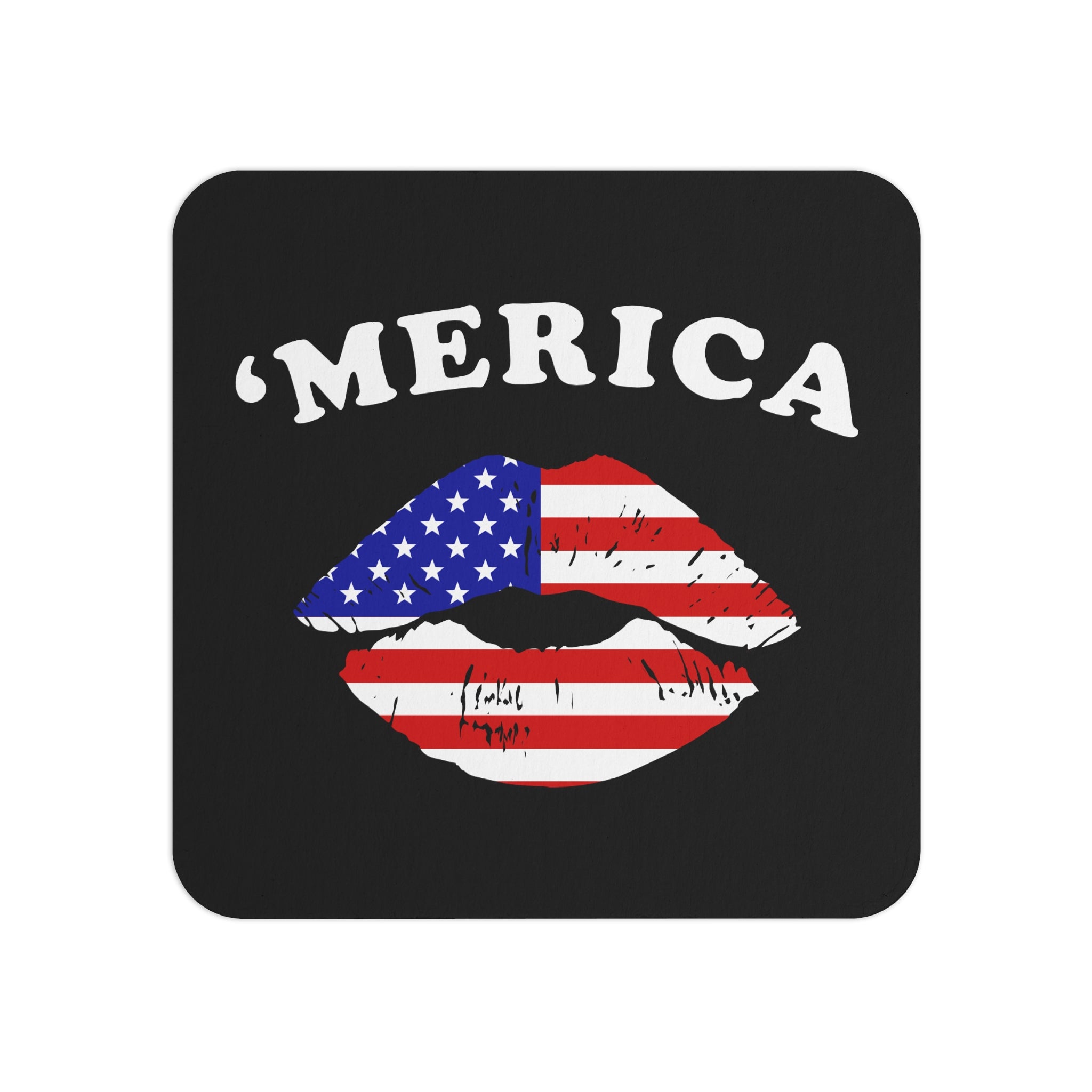 Black coaster with 'MERICA' text and American flag design on a white background
