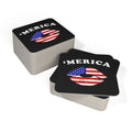 Stack of coasters with 'Merica and American flag design on a white background