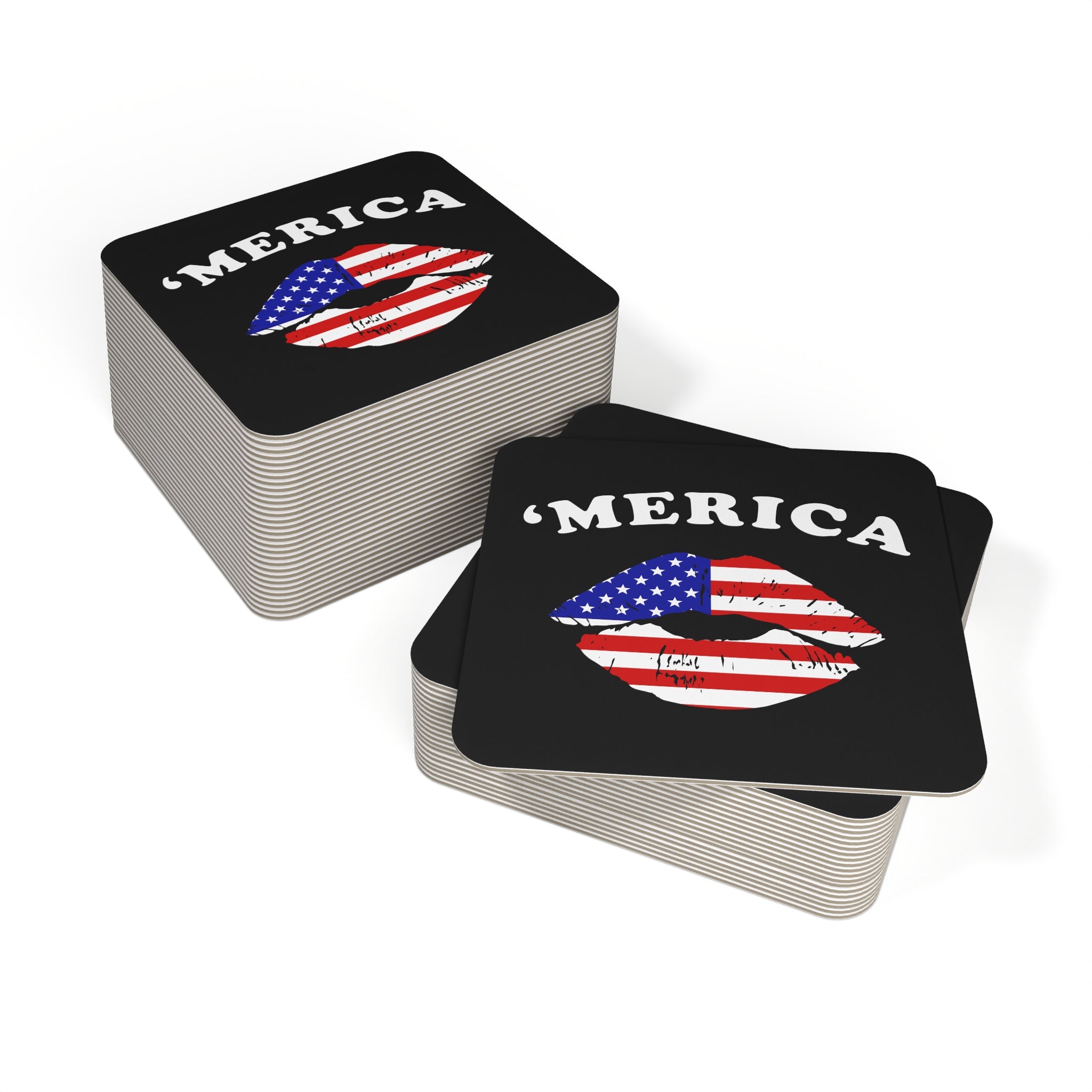 Stack of coasters with 'Merica and American flag design on a white background