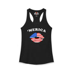 Black tank top with 'Merica and American flag design on a white background