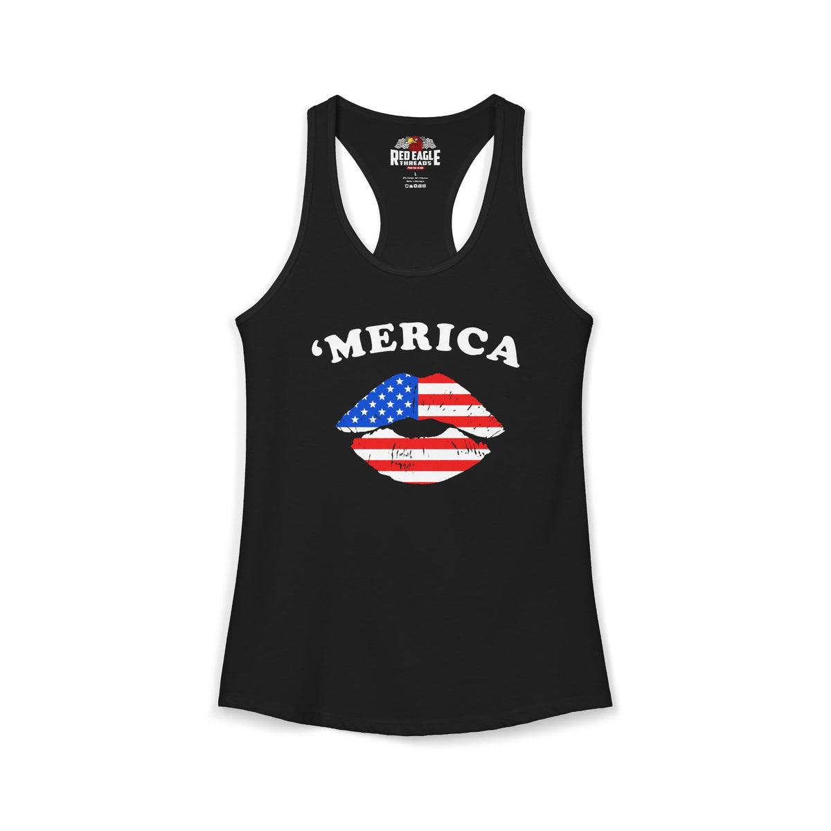 Black tank top with 'Merica and American flag design on a white background