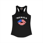 Black tank top with 'Merica and American flag graphic on a white background