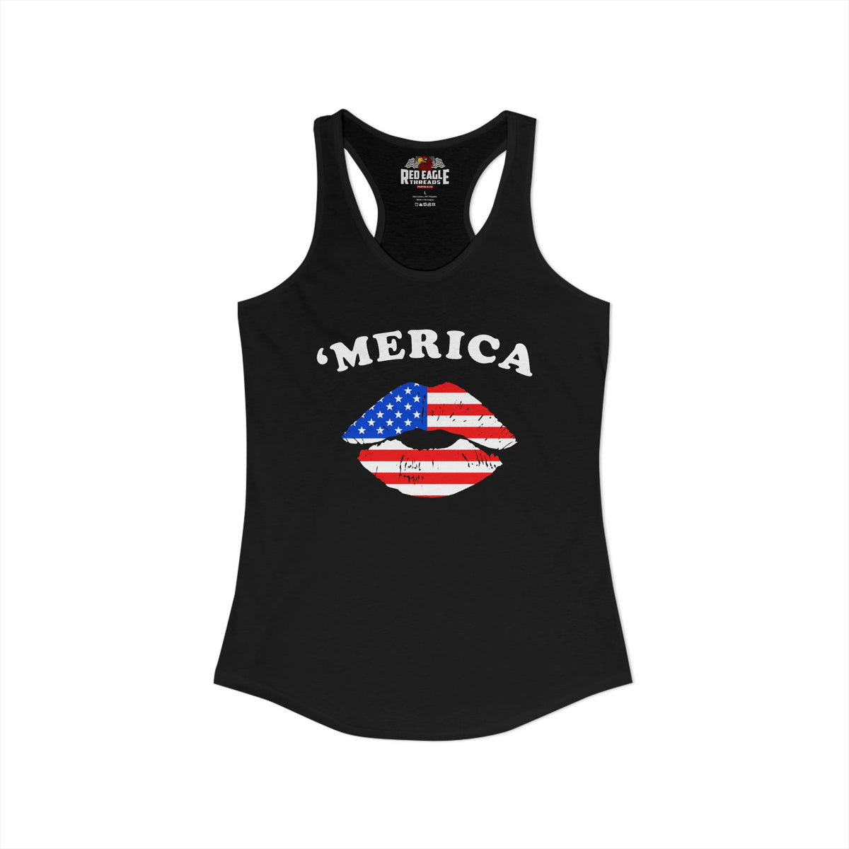Black tank top with 'Merica and American flag graphic on a white background