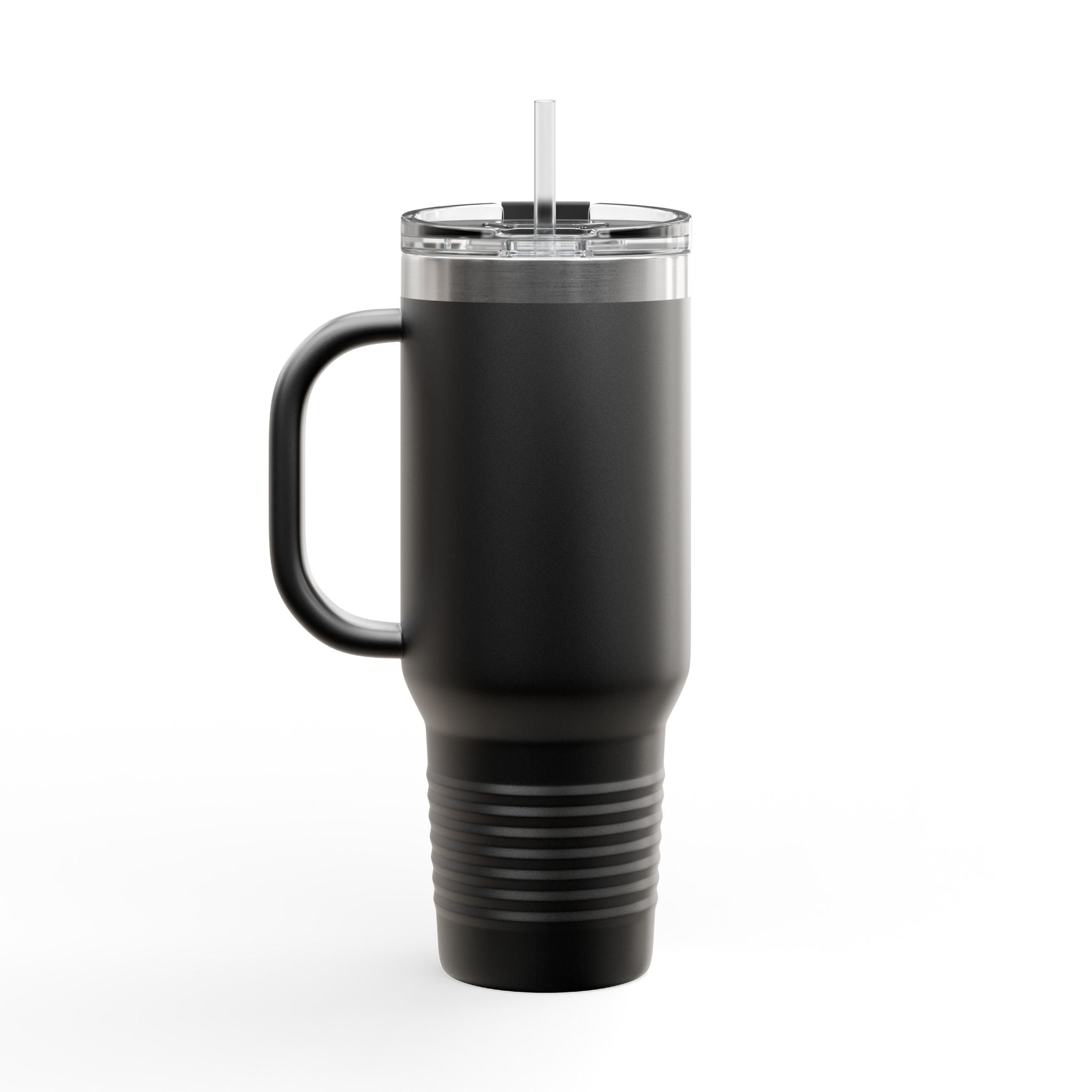 Black insulated travel mug with handle on a white background