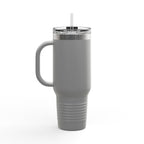 Gray insulated mug with handle and straw on a white background