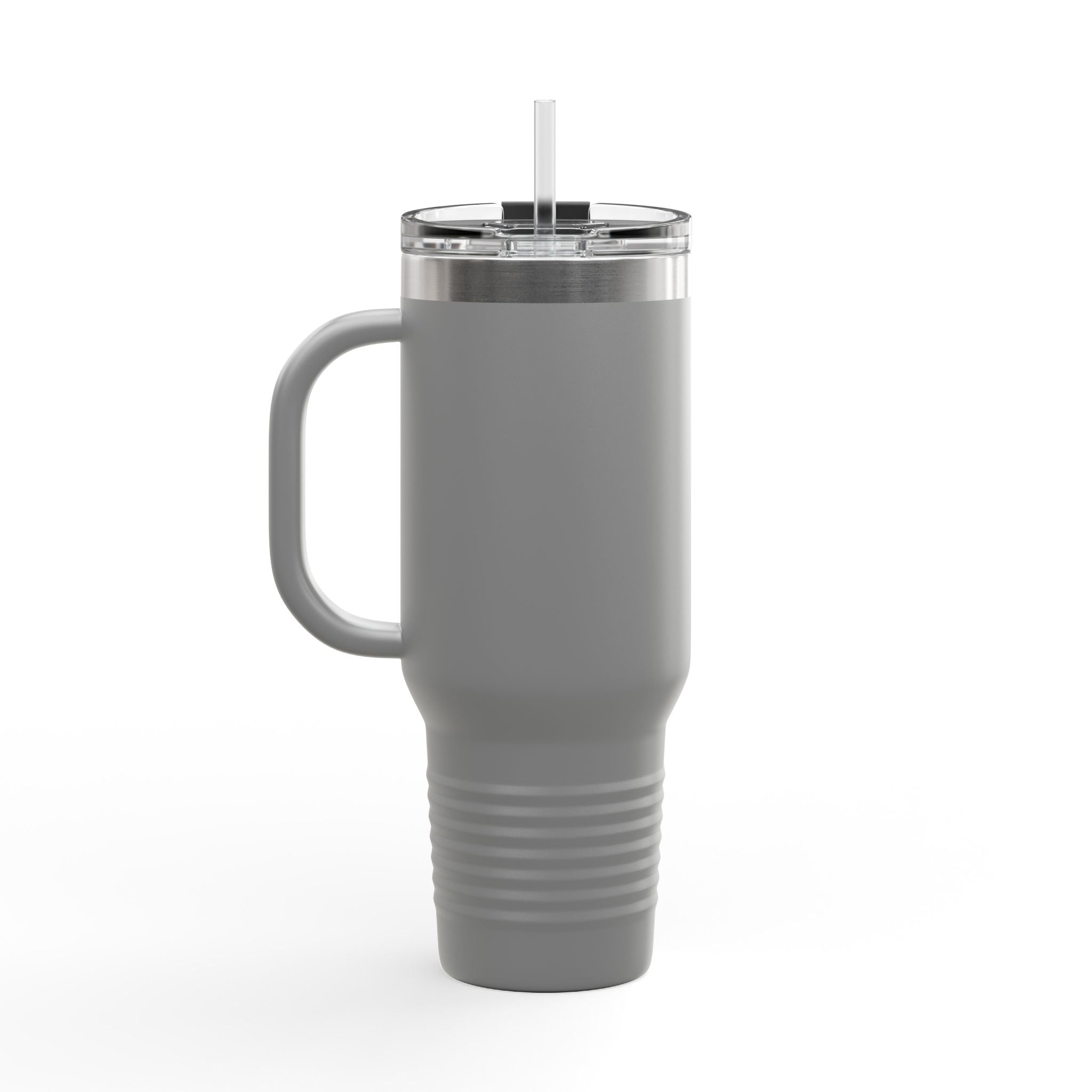 Gray insulated mug with handle and straw on a white background