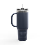 Navy blue insulated mug with handle and straw on a white background
