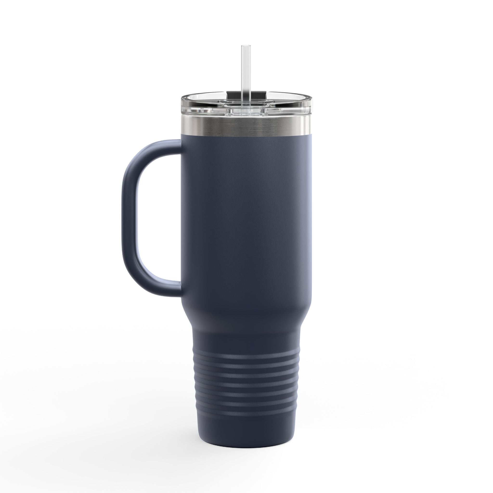 Navy blue insulated mug with handle and straw on a white background