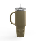 Green insulated mug with handle and straw on a white background