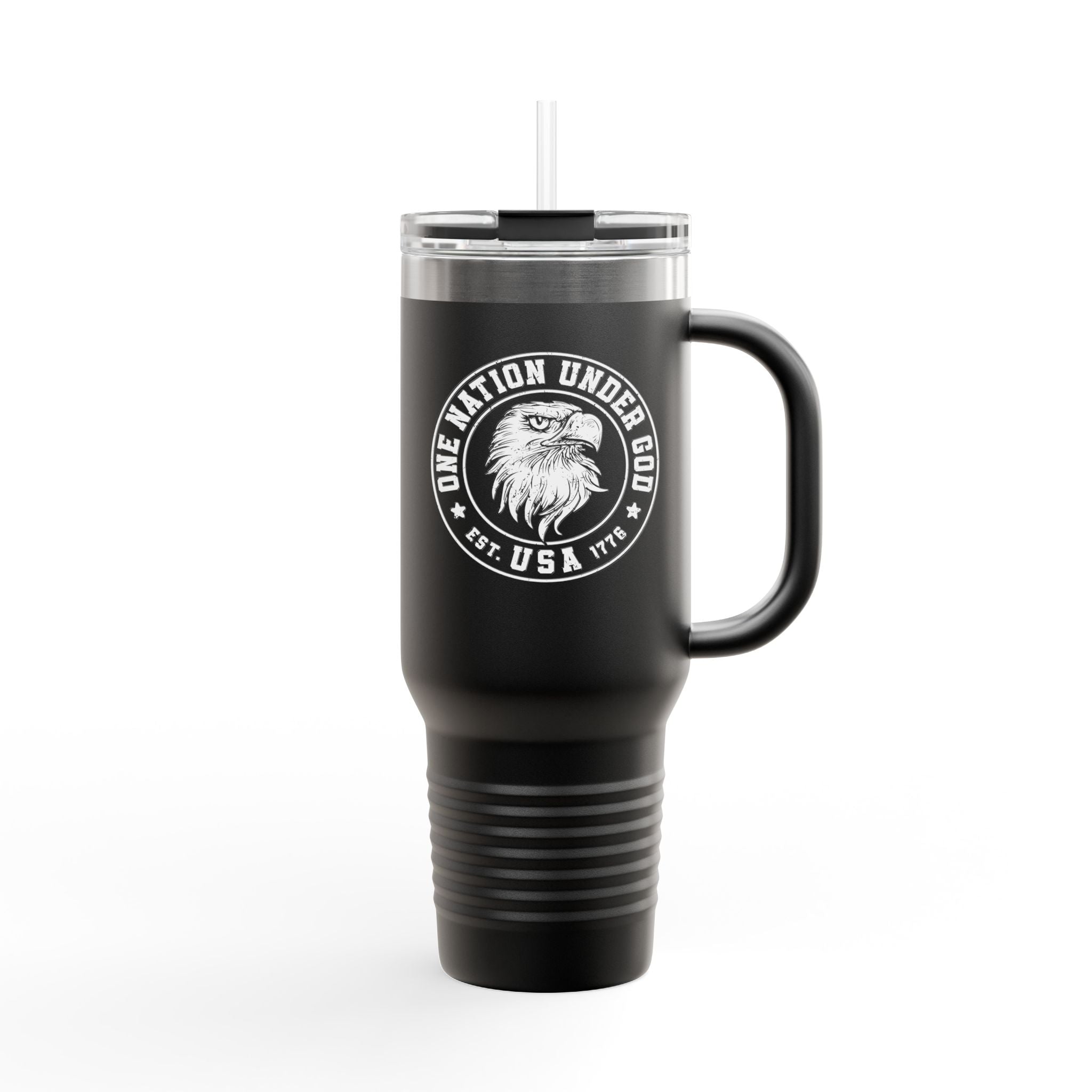 Black travel mug with an eagle design and text on a white background