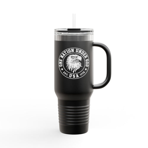 Black travel mug with an eagle design and text on a white background