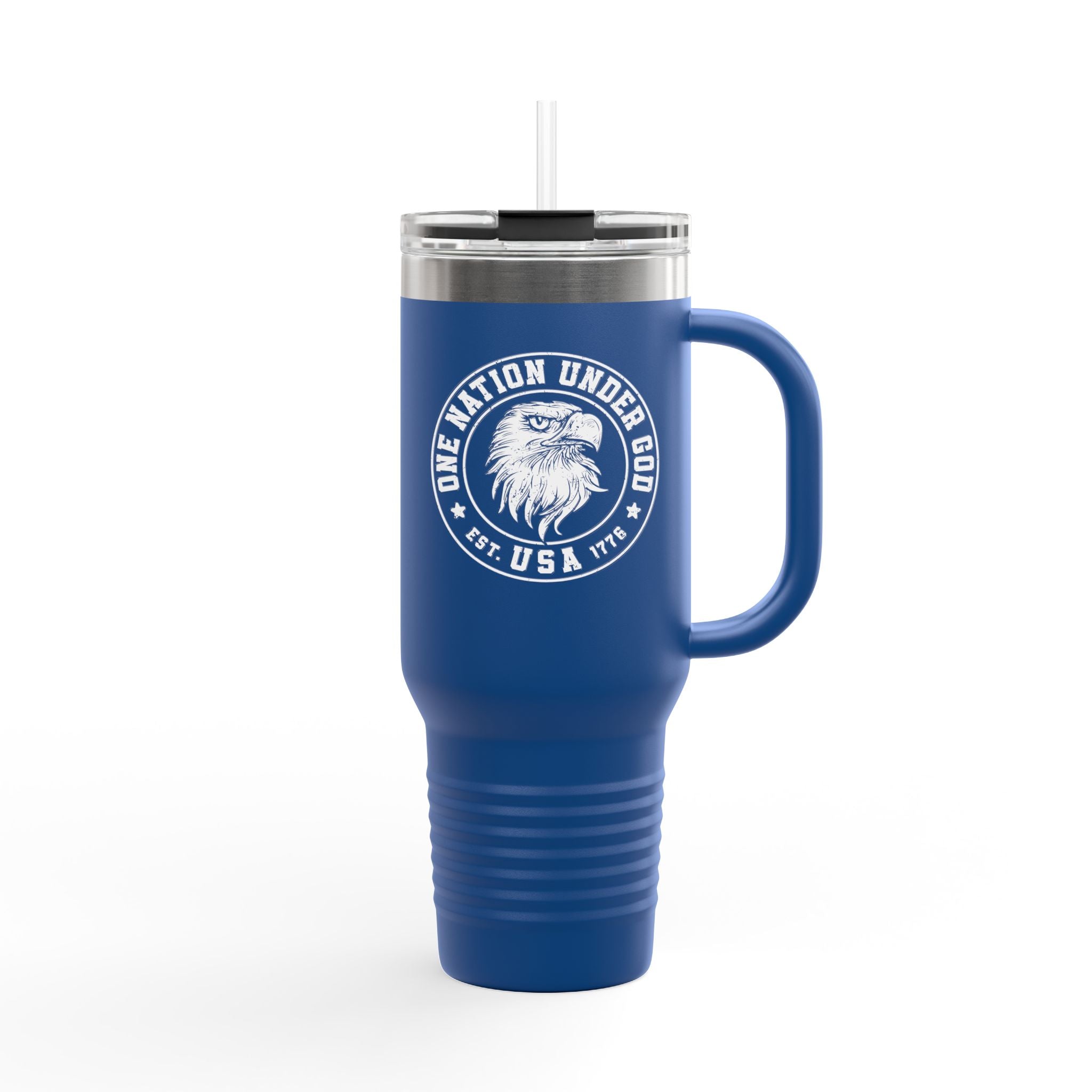 Blue travel mug with a logo and text on a white background