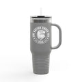 Gray travel mug with a logo and text on a white background