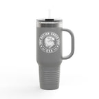 Gray travel mug with a logo and text on a white background