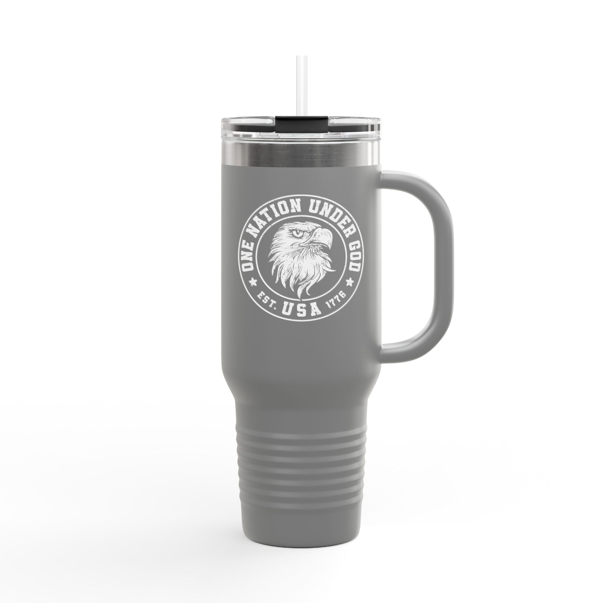 Gray travel mug with a logo and text on a white background