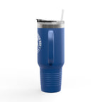 Blue tumbler with a straw on a white background