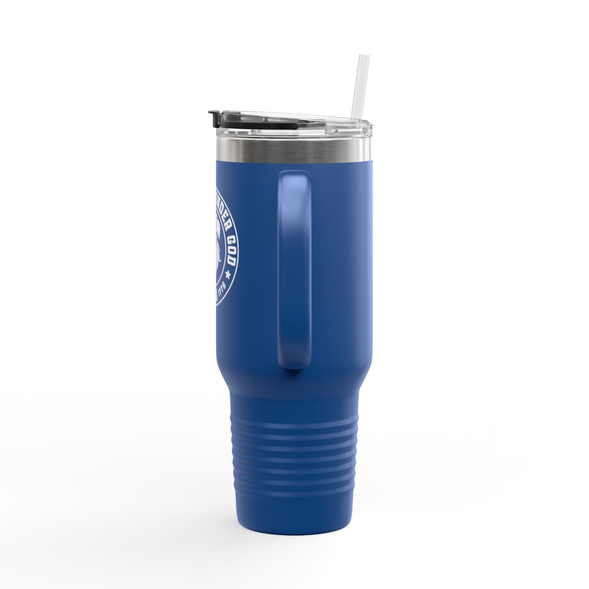 Blue tumbler with a straw on a white background