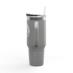 Gray tumbler with a straw on a white background