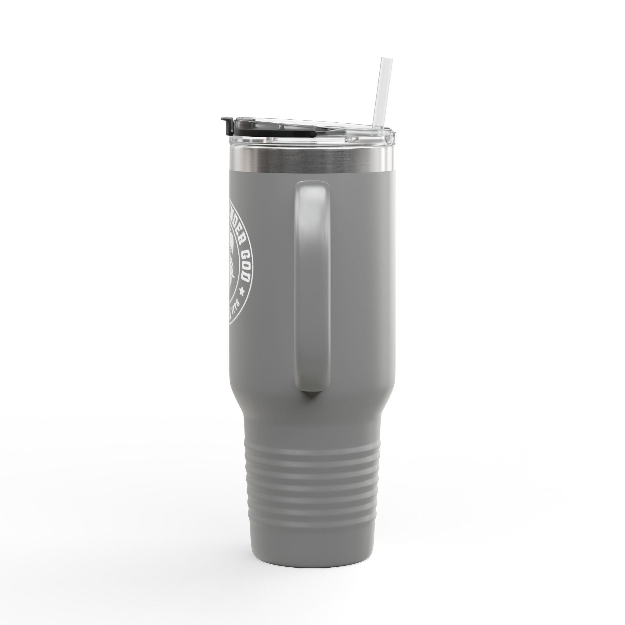Gray tumbler with a straw on a white background