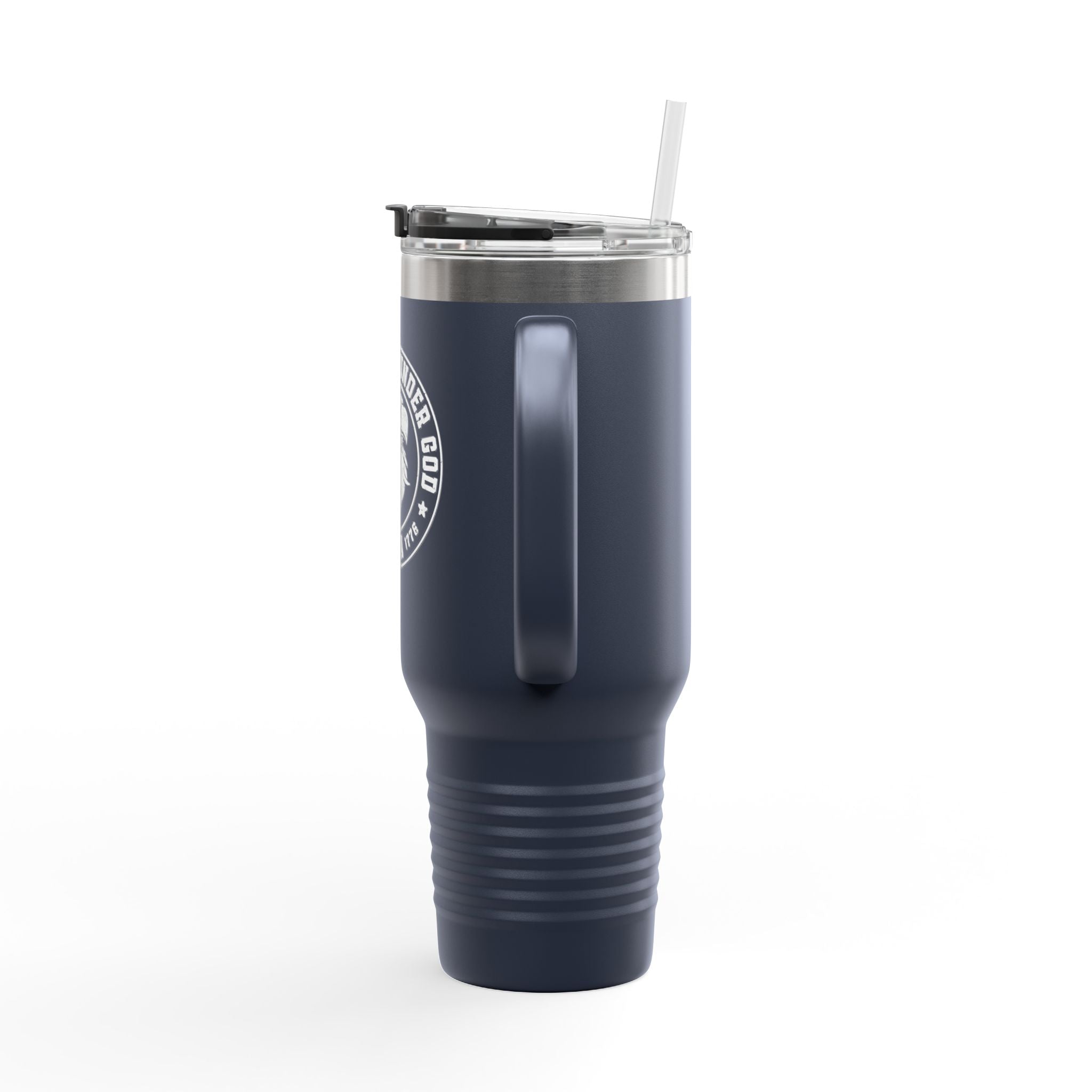 Navy blue tumbler with a logo on a white background