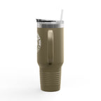 Green tumbler with a straw on a white background