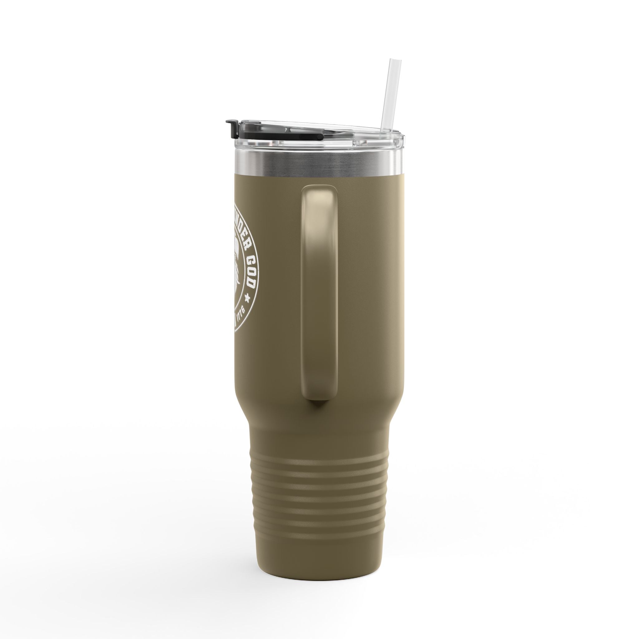Green tumbler with a straw on a white background