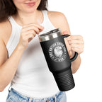 Person holding a black travel mug with a logo and text on a white background