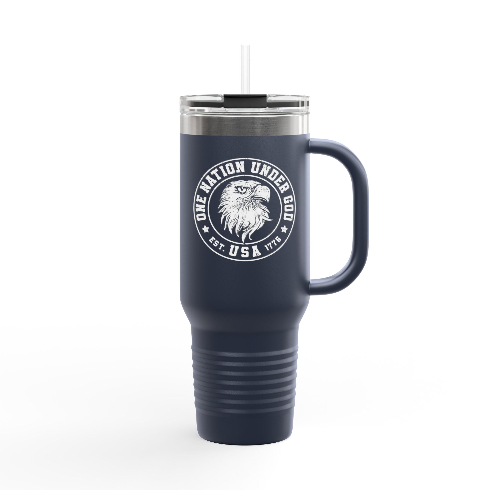 Navy blue travel mug with an eagle design and text on a white background
