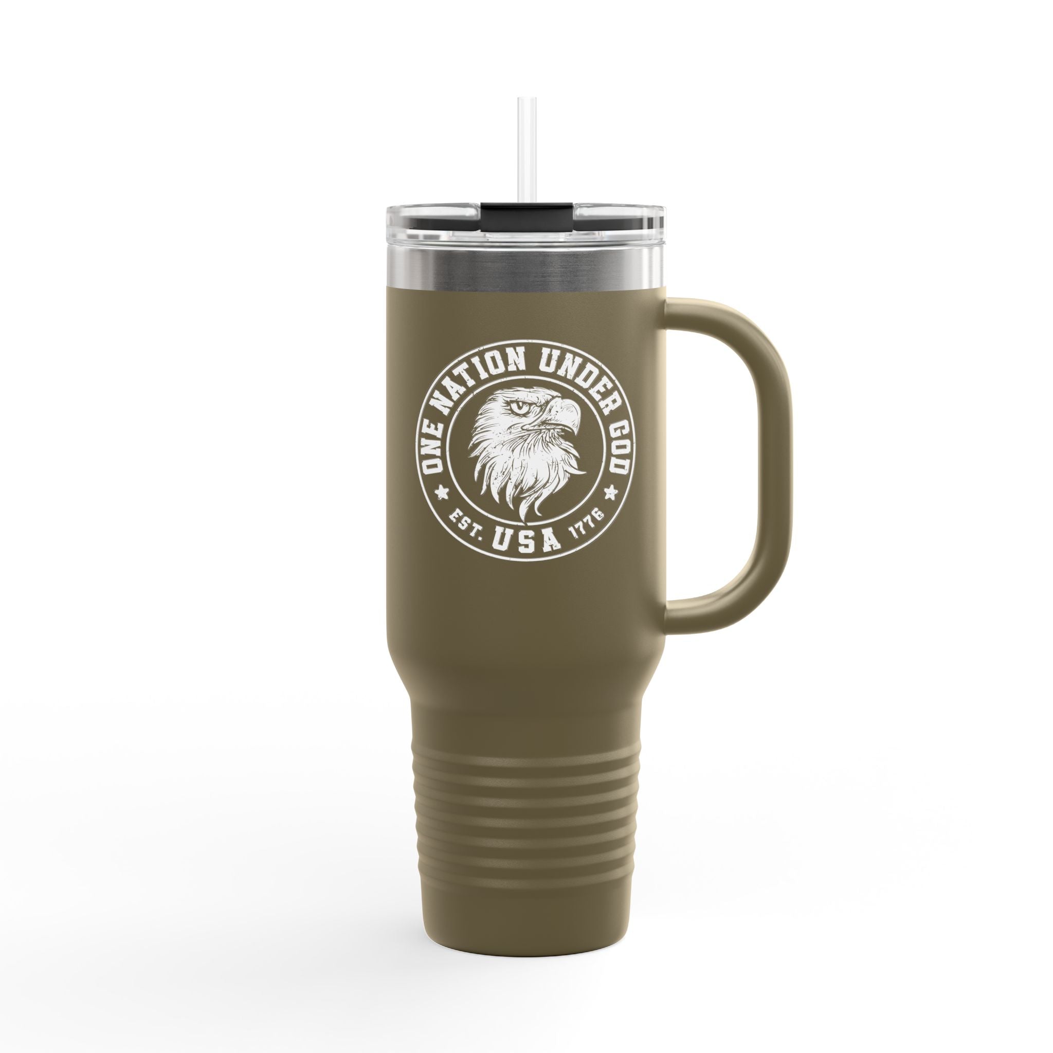 Olive green travel mug with a white eagle design and text on a white background