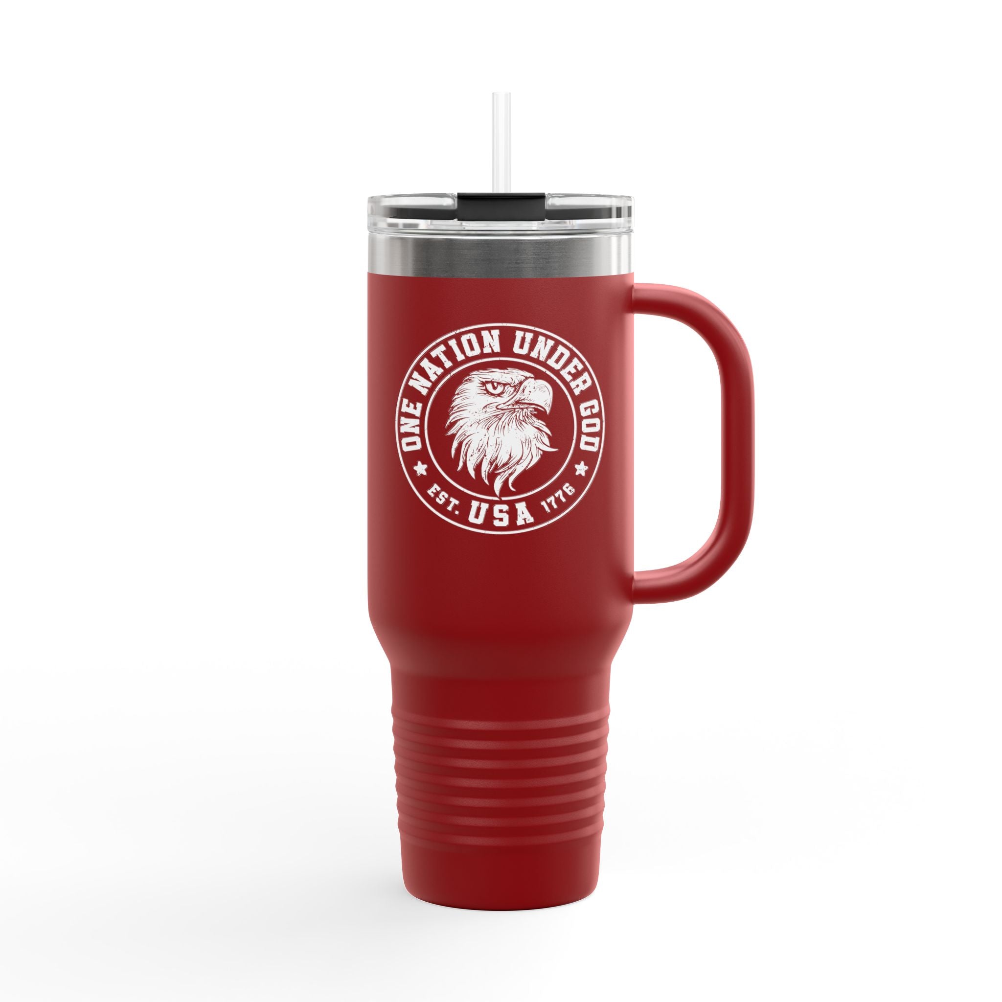 Red travel mug with a white eagle design and text on a white background
