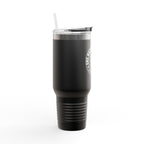 Black tumbler with a silver lid on a white background