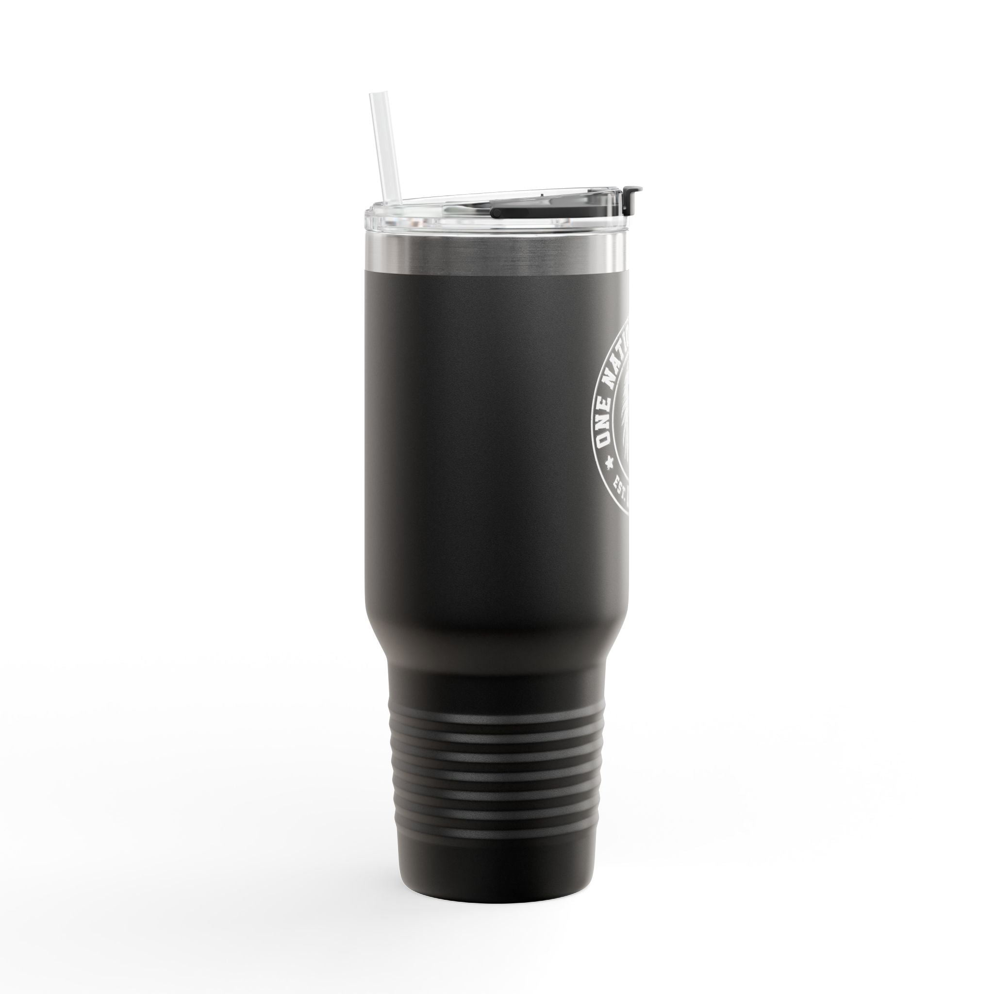 Black tumbler with a silver lid on a white background