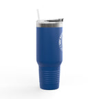 Blue tumbler with a silver lid on a white background
