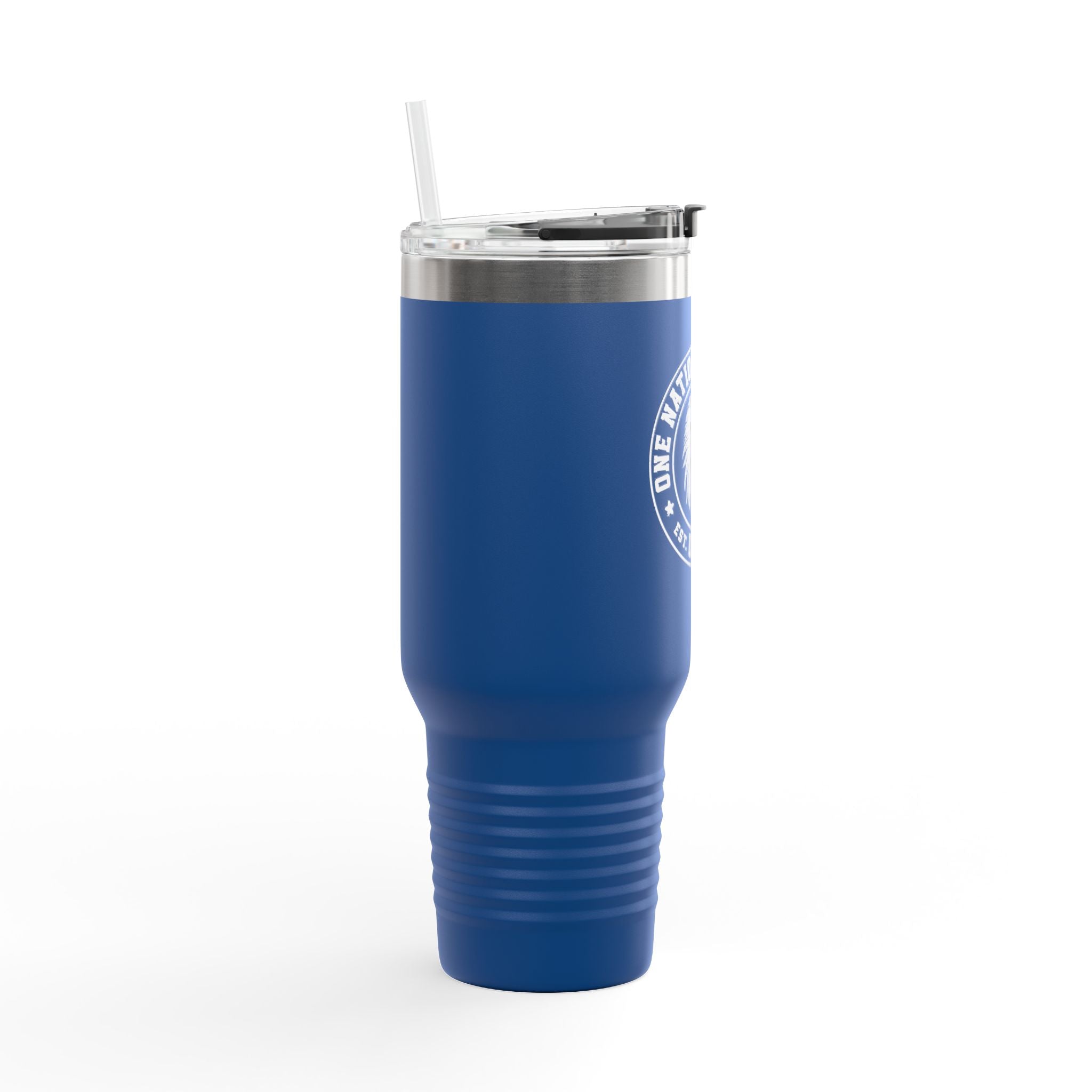 Blue tumbler with a silver lid on a white background