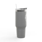 Gray tumbler with a silver lid on a white background