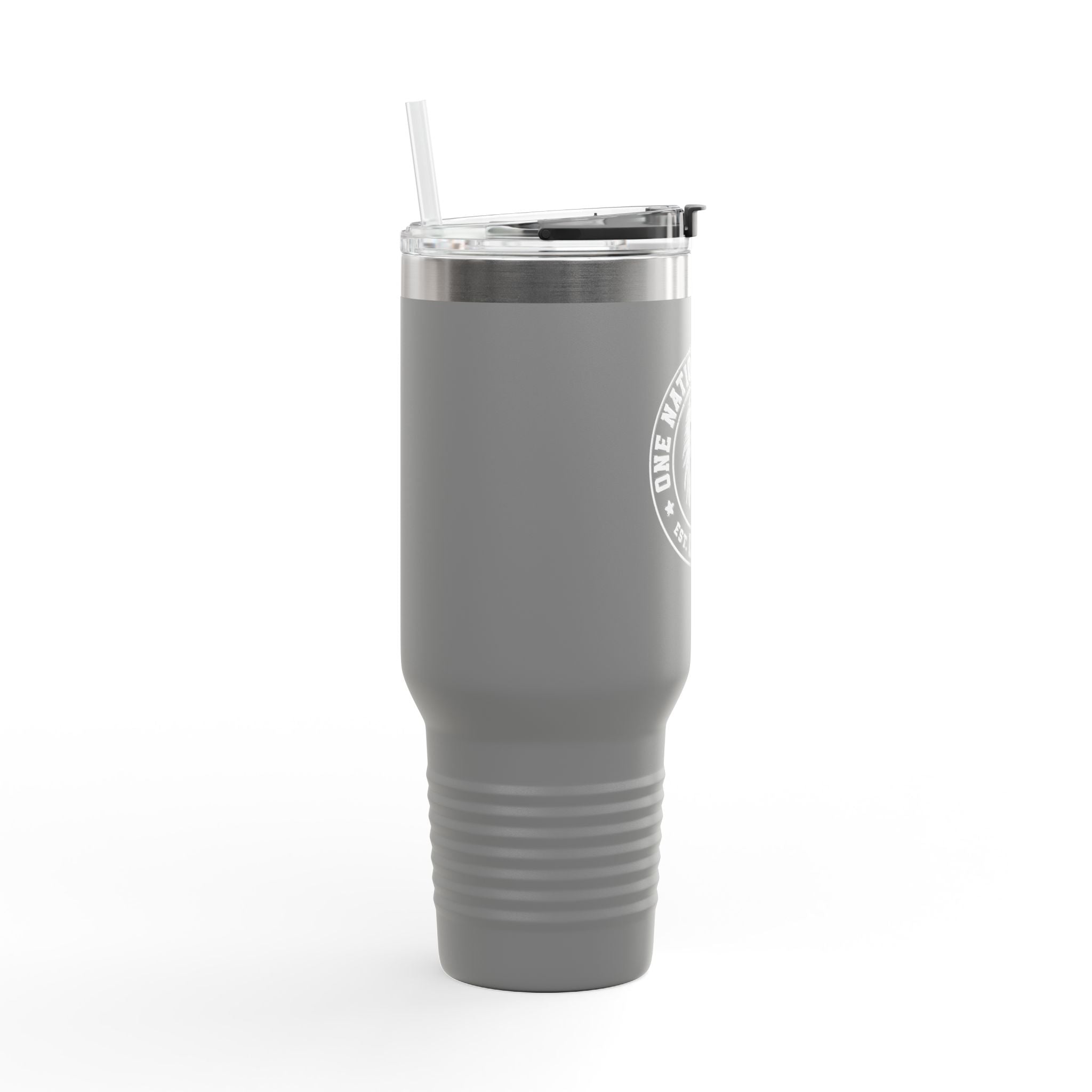 Gray tumbler with a silver lid on a white background