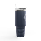 Navy blue tumbler with a silver lid on a white background