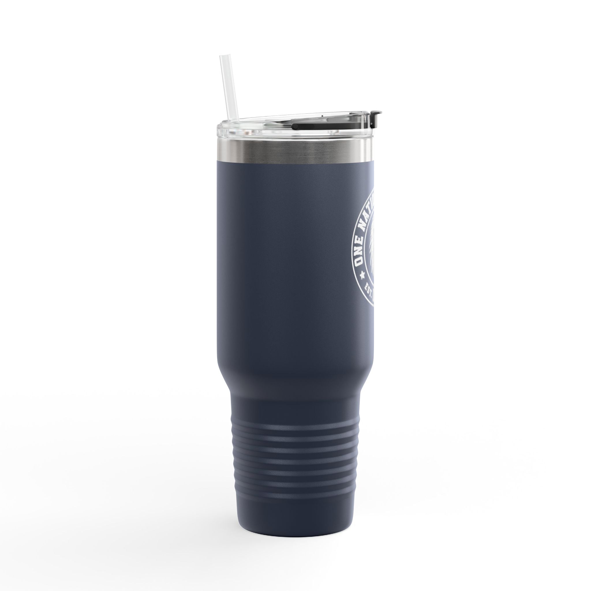 Navy blue tumbler with a silver lid on a white background