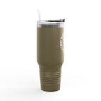 Olive green tumbler with a silver lid on a white background