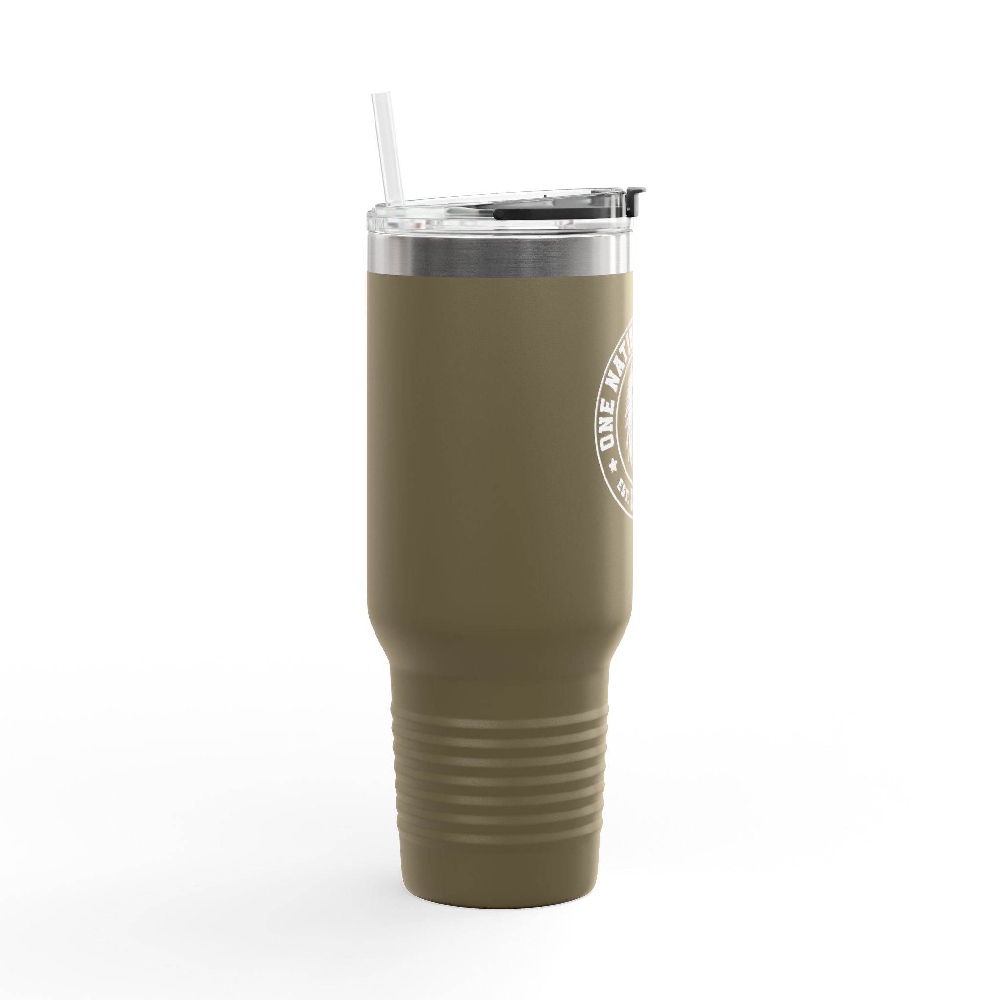 Olive green tumbler with a silver lid on a white background