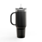 Black insulated travel mug with handle on a white background