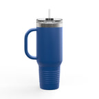 Blue insulated mug with handle and straw on a white background