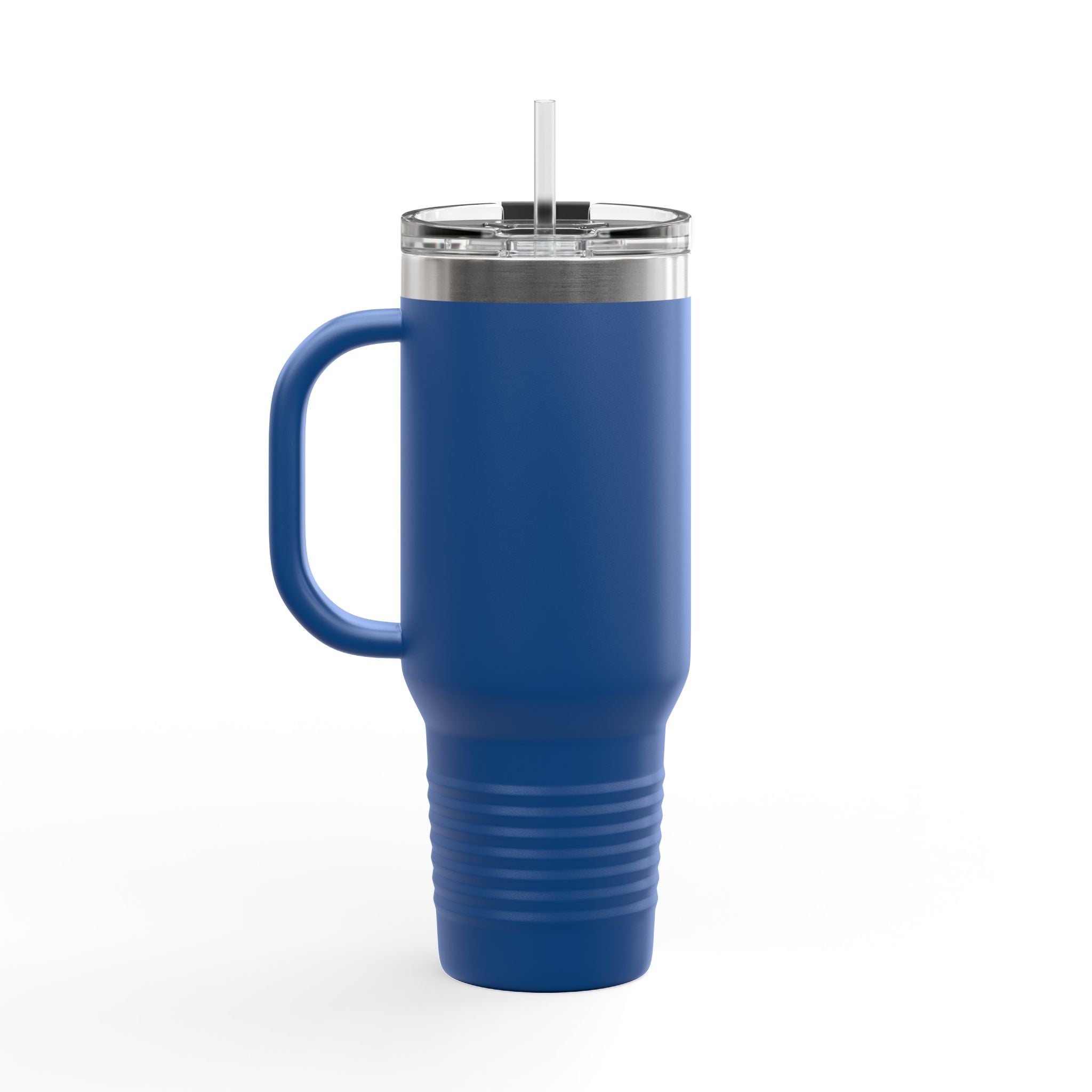 Blue insulated mug with handle and straw on a white background