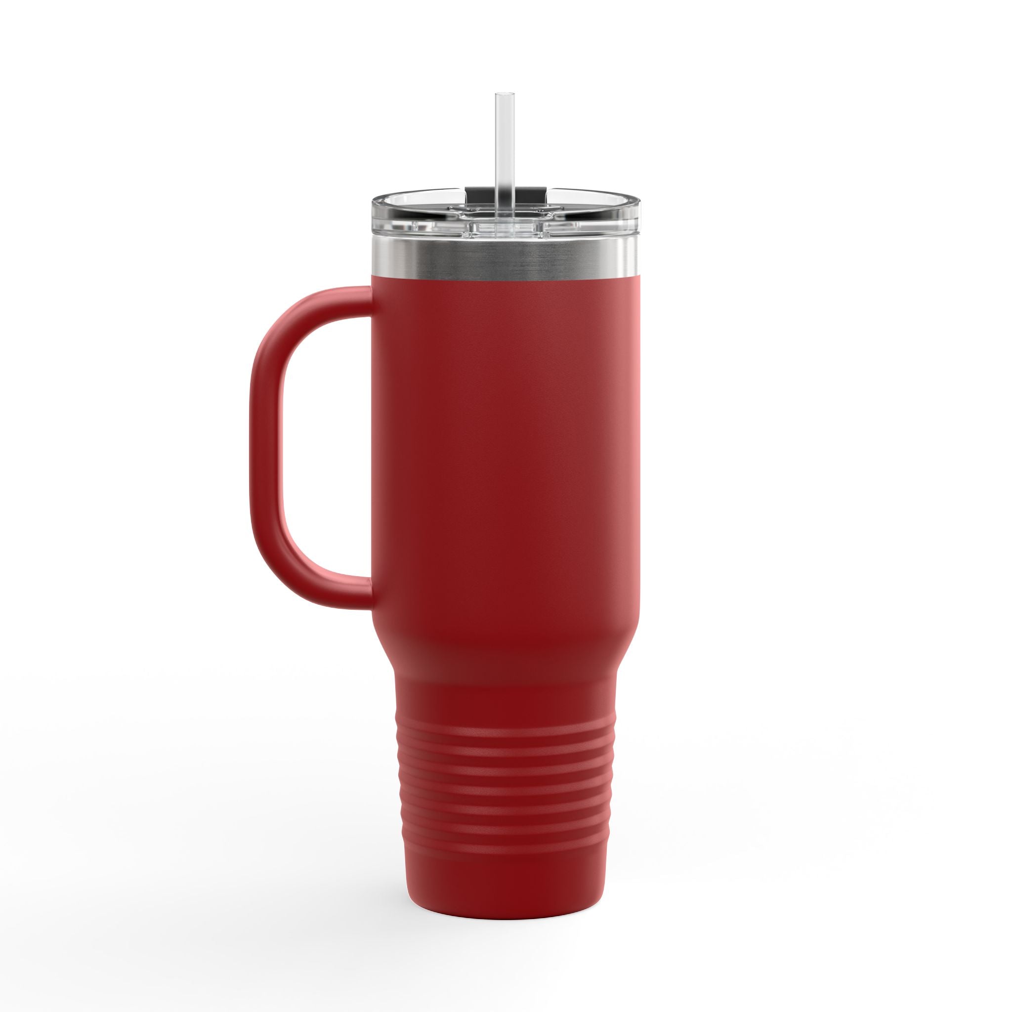 Red insulated mug with handle and straw on a white background