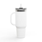 White travel mug with a silver lid on a white background