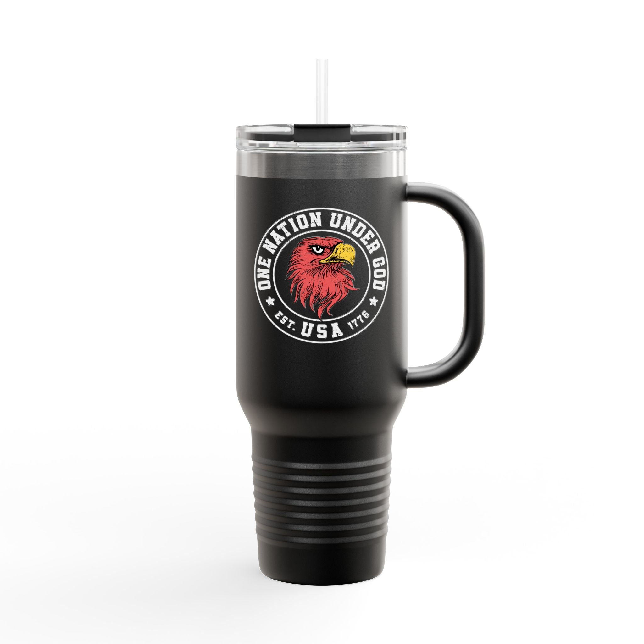 Black travel mug with a red and white eagle design on a white background