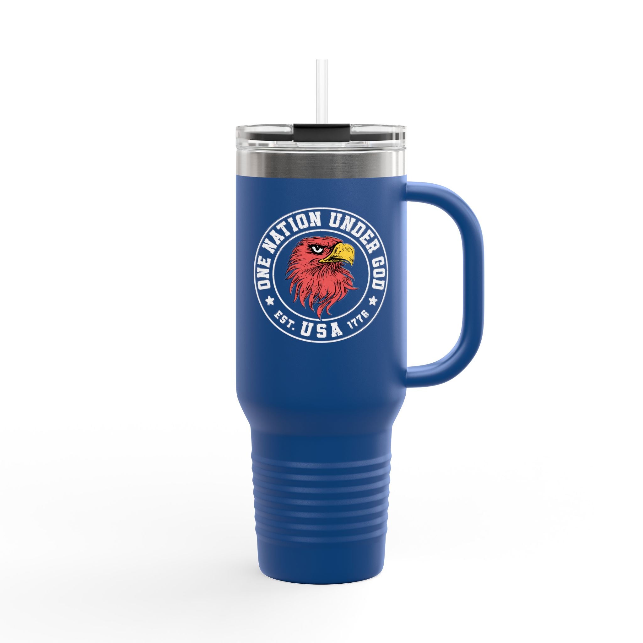 Blue travel mug with a logo on a white background